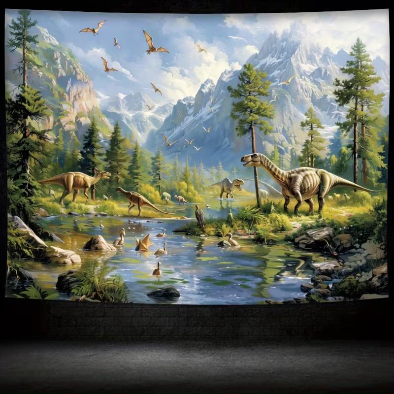 2D Dinosaur Park Wall Hanging Tapestry, Ancient Wildlife Nature Landscape for Home Decor
