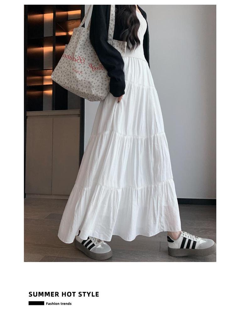White A-line High Waist Pleated Long Skirt for Women - Spring/Summer 2026 Slimming Petite Layered Umbrella Design