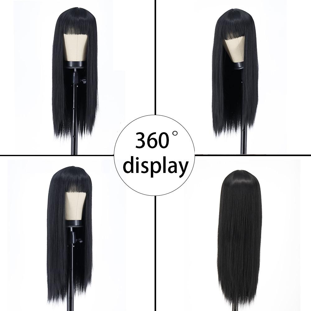 MERISIHAIR Long Straight Black Wig with Bangs Synthetic Hair Wigs Bang with Wig for Women Wine Red Gold Heat Resistant Wigs