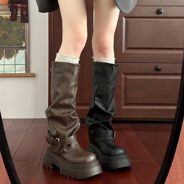 Retro British Style Thick Heel Platform Boots Women's 2025 Autumn and Winter New Simple and Versatile Height-increasing Fashion Knight Boots