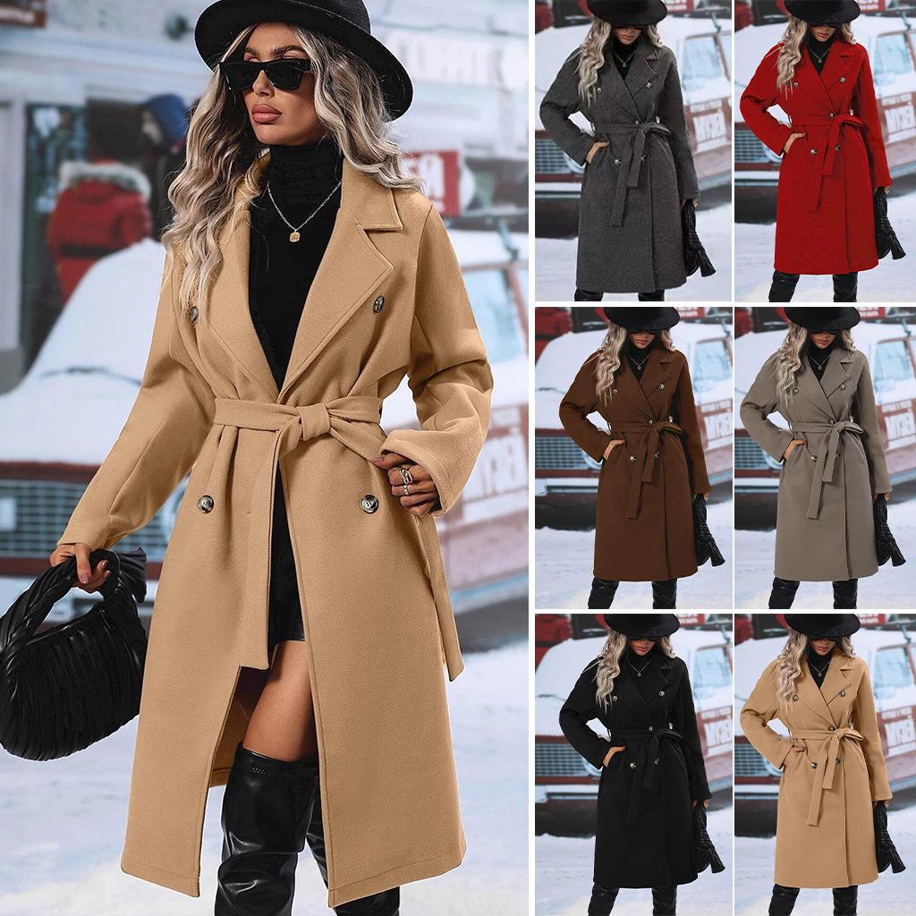 2025 Autumn Winter Women's Double-Breasted Wool Blend Trench Coat, Belted Waist Elegant Overcoat with Notched Lapel, Classic Office Chic Outerwear