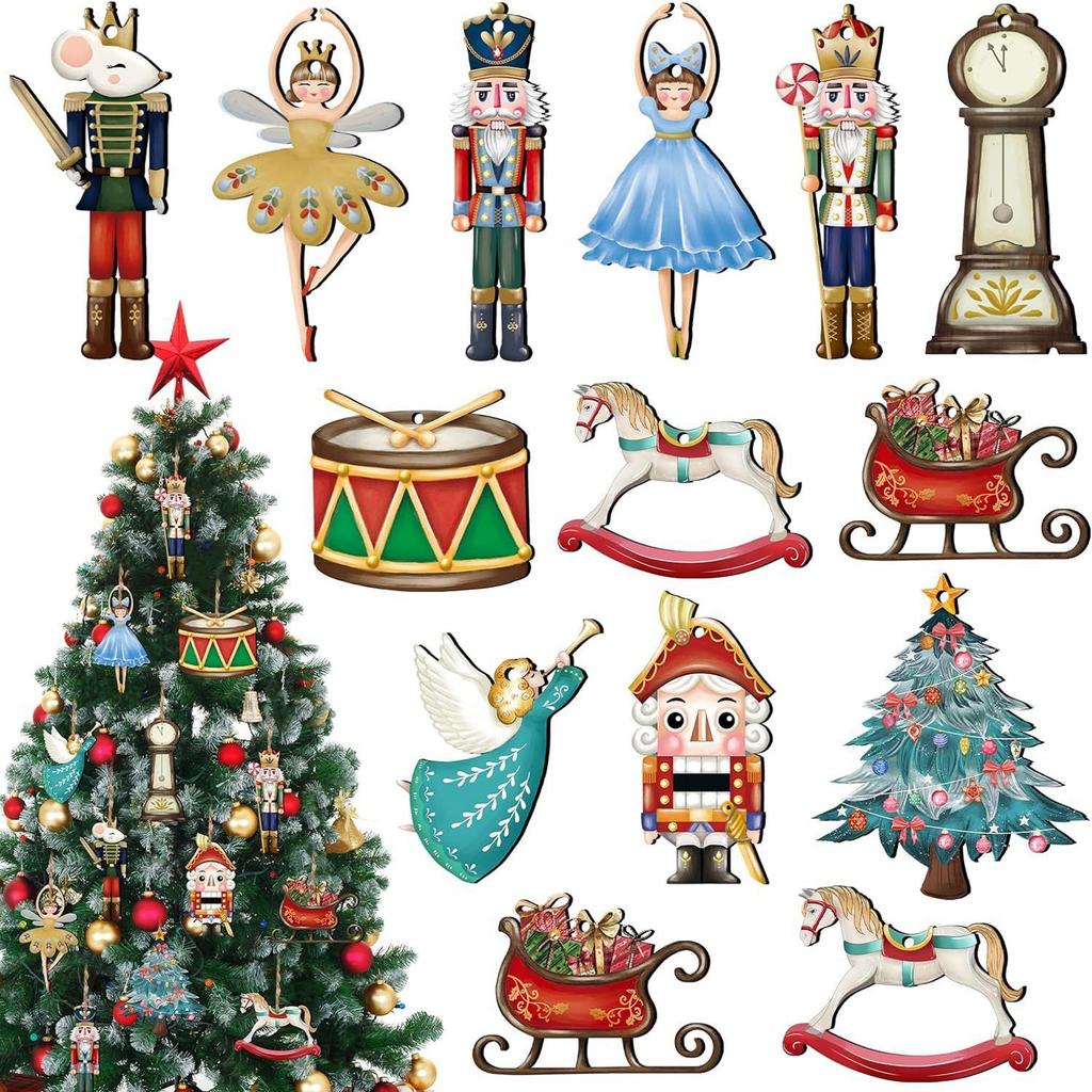 Set Of 12 Nutcracker Ballet Wooden Christmas Tree Festival Decoration 2D Pendant