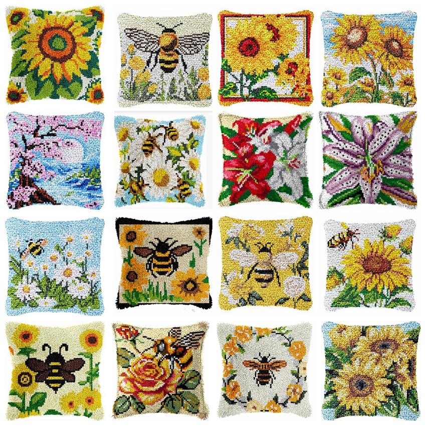3d Segment Embroidery Pillow Wool Handcraft Diy Latch Hook Rug Kits Bee Sunflower Series Carpet Embroidery Materials Supplies