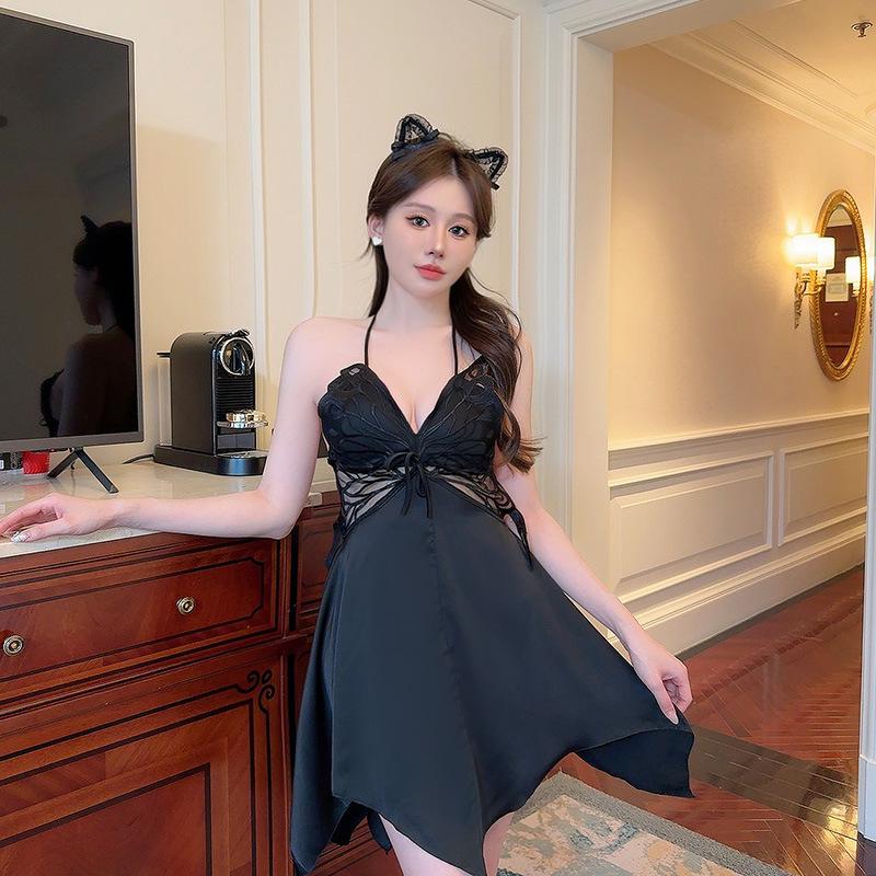 Sexy suspender nightdress female summer belt chest pad private room lace simulation silk backless pure desire wind ice silk female suspender M чёрный