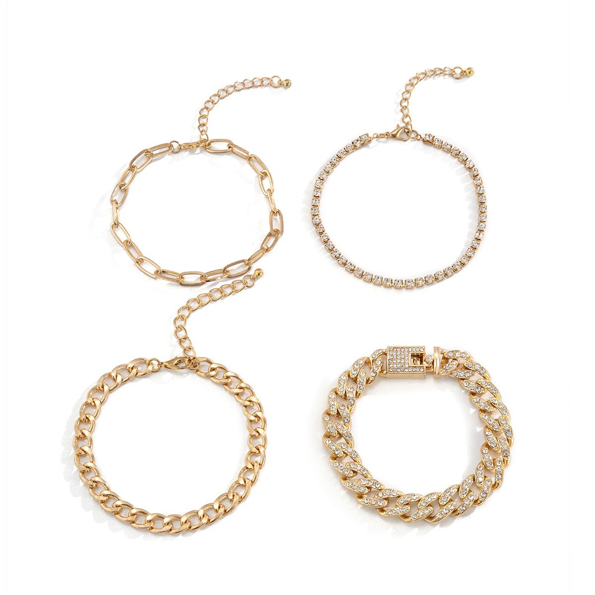 Bracelet Four-Piece Set Hip-Hop Alloy Cuban Inlaid Diamond Simple Hand Jewelry Exaggerated Men s Gold 01411