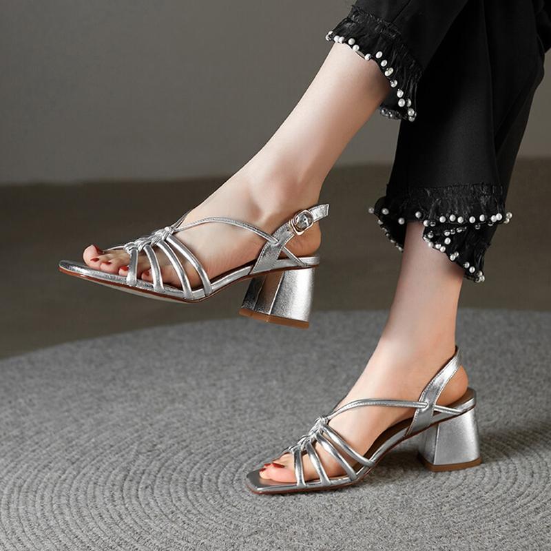Fashion Summer Women Sandals Concise Square Toe Chunky Heel Women Shoes High Heel Genuine Leather Shoes Golden Weave Sandals for Women