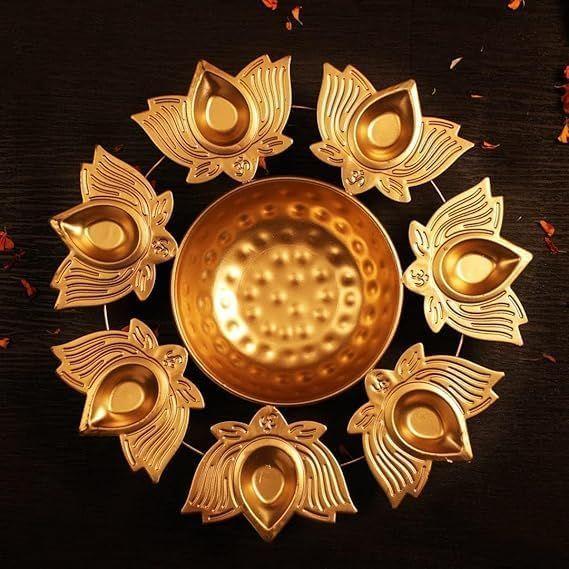 Diya Thali Set with 8 Lotus Shaped Diyas, Traditional Decorative Pooja