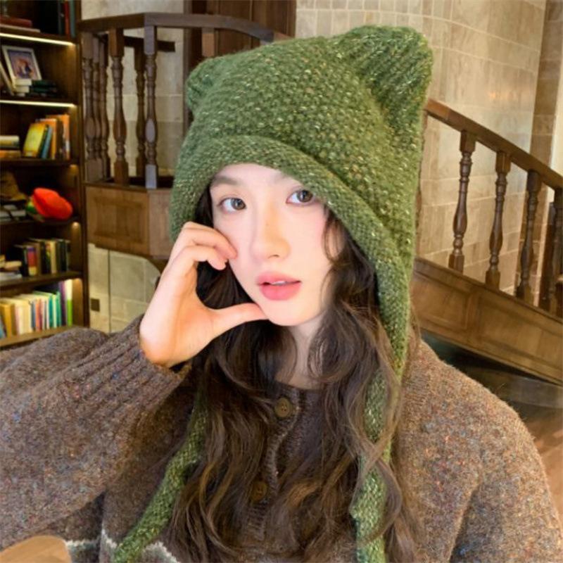 Winter new women's ear protectors headgear warm lace-up Lei Feng hat student solid color simple knitted hat