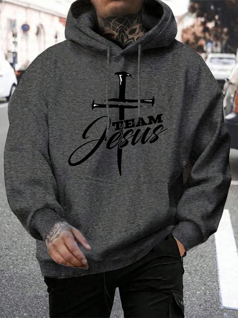 Team Jesus Buchstaben Design Druck Herren Sweatshirt Mode Warm Kapuzenpullover Lässig Tasche Hoodies Herbst Übergröße Streetwear