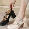 2025 Ultimate foreign style one-word buckle French Mary Jane high heels women's small size square head thick heel widened large size single shoes