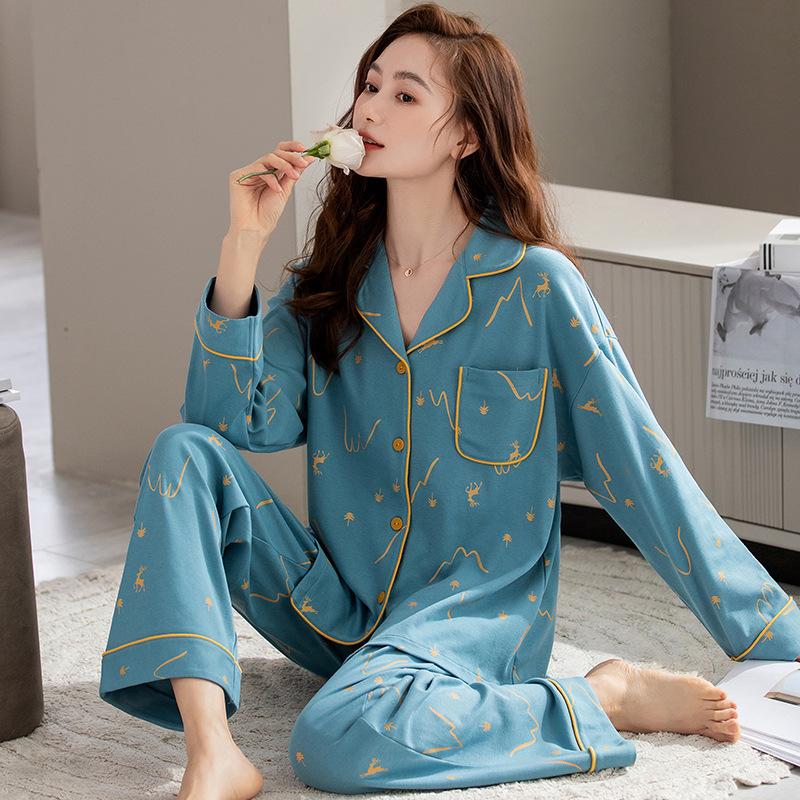 Pajamas Women's Spring and Autumn 100% Pure Cotton Long-sleeved Thin 1011 New Spring and Summer High-end Loungewear Set