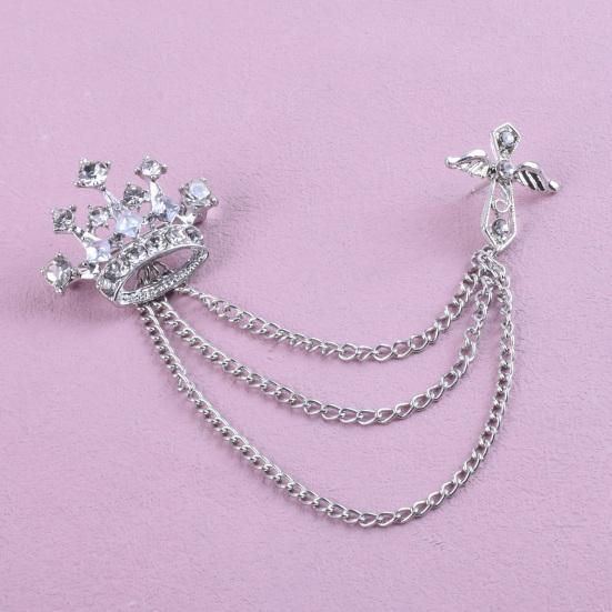Men's Brooch Pin with Chain, British Crown Cross Angel Lapel Pin, Rhinestone Suit Badge with Tassel Chain for Men, Formal Wedding Party Suit Jacket