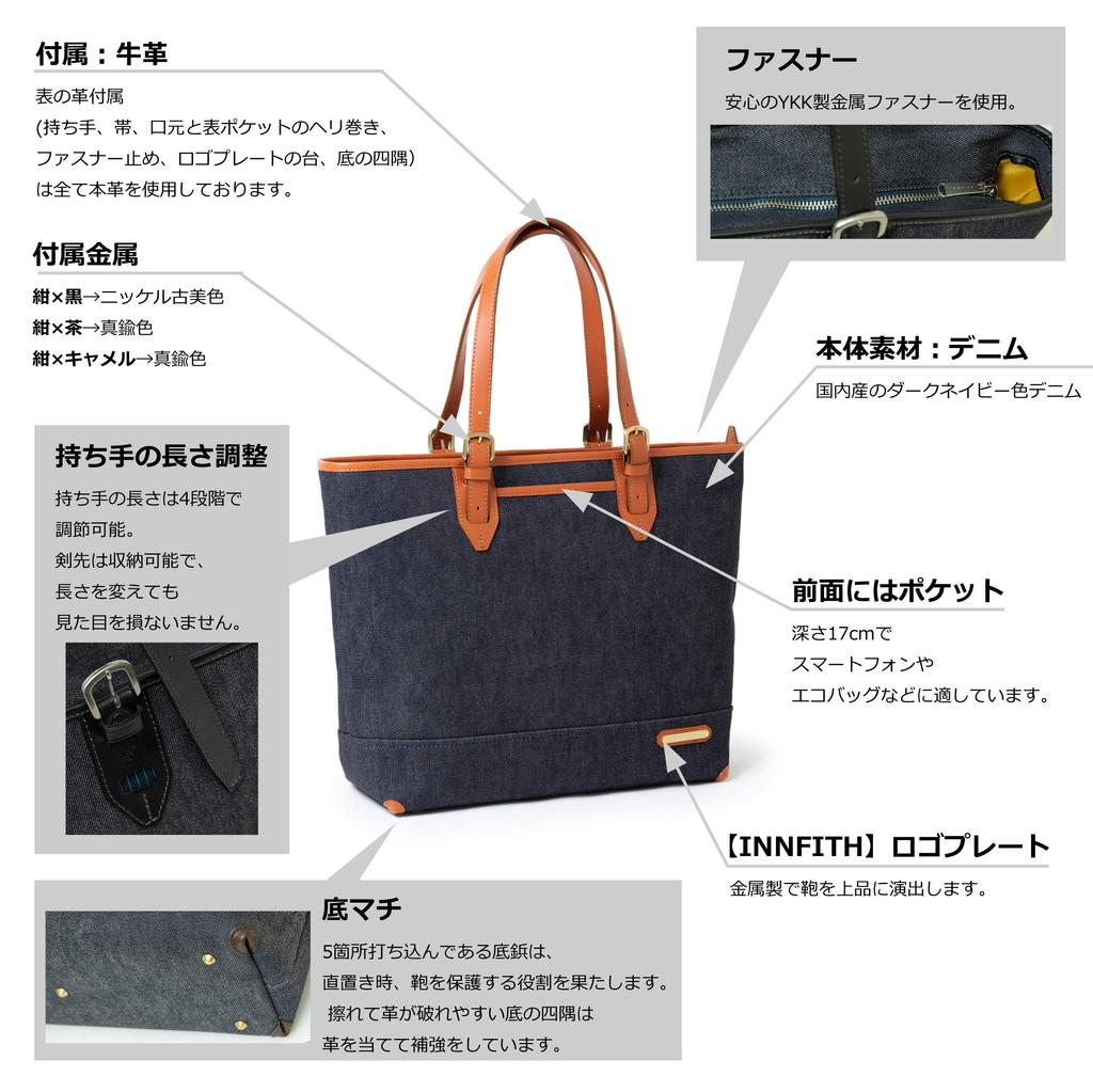 Infis Denim Tote Bag (Navy, Camel)