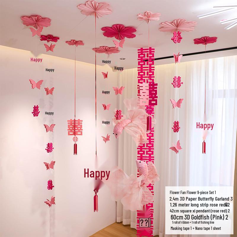 Double Happiness Wedding Room Decor Set: Non-Woven Fabric Papercut for Bride and Groom's Bedroom or Hotel.
