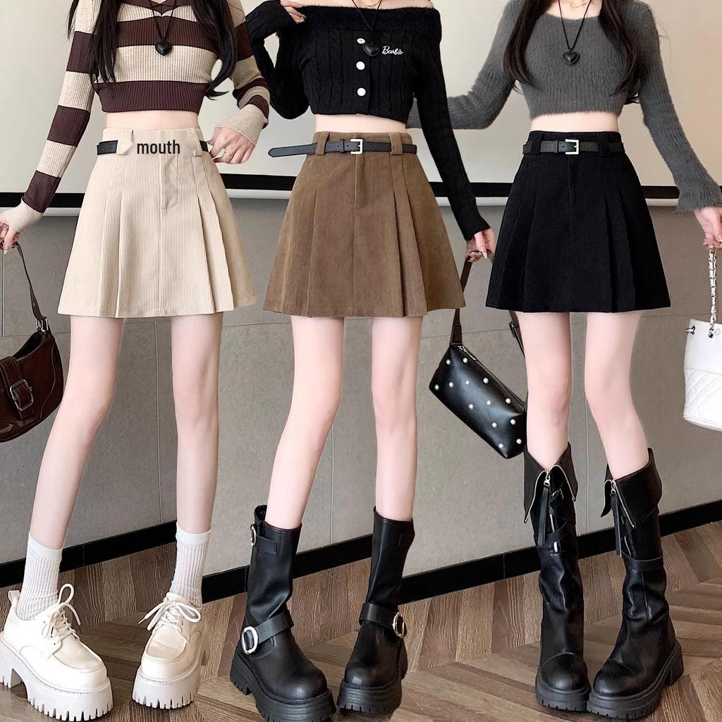 Women's High Waist Khaki Corduroy A-Line Midi Skirt - Autumn/Winter 2024 Collection