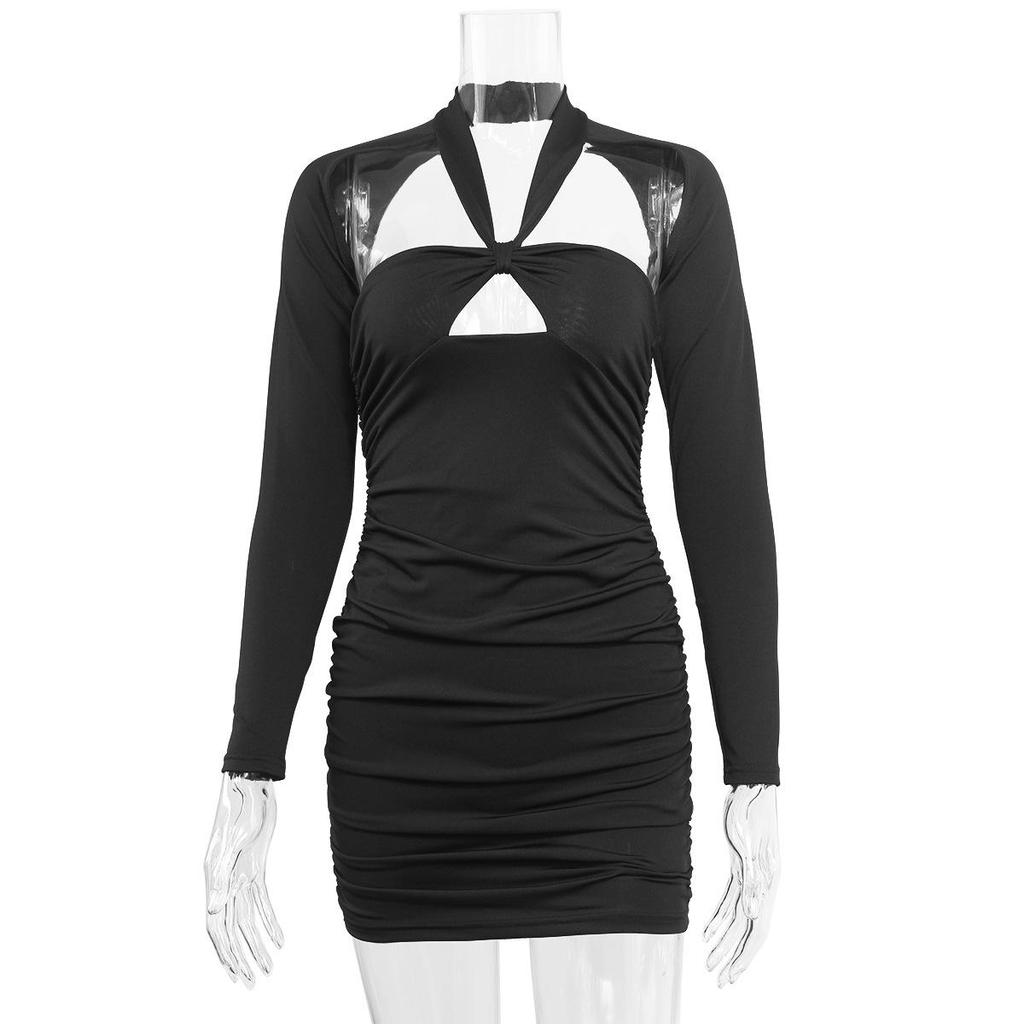 European and American V-neck Splicing Hip Dress: 2024 Autumn/Winter Sexy Long-Sleeve Hollow Women's Outfit
