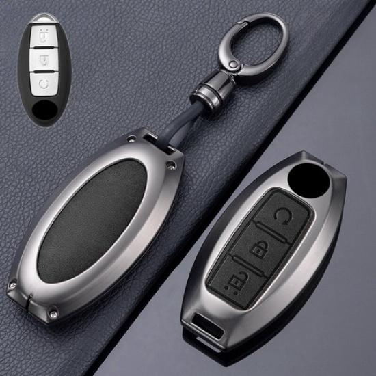 Alloy Leather Car Key Fob Case Cover For Nissan Qashqai March 370Z Murano Pulsar Gun Black