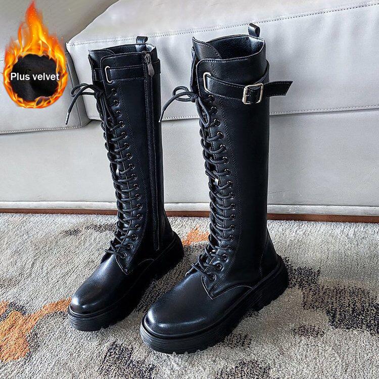 Fashion Women Knee High Boots 2024 Thicken Winter Square Heel Lace Up Platform Shoes Woman Knight Long Boots Black White Botas De Mujer