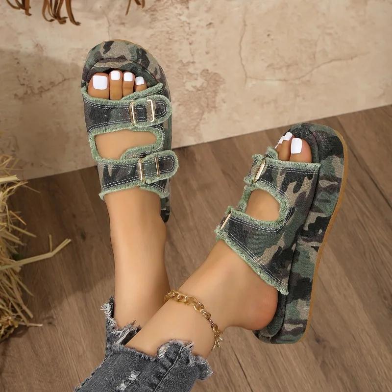 Fashion 2024 Hot Sale Shoes Female Open Toe Women's Slippers Summer Camouflage Mixed Colors Outdoor Casual Platform Large Size Slippers