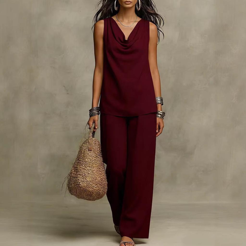 2026 Summer European and American New Women's Clothing Amazon Solid Color Casual Suit Cross-border V-neck Women's Top Set New
