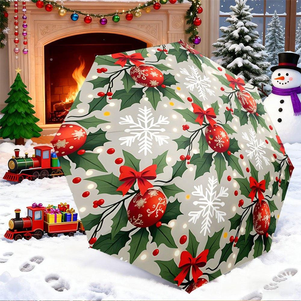

Portable Folding Umbrella | Features Red Bows, Ornate Red Baubles, White Snowflakes, Green Holly Leaves and Berries | Ideal fo (as the picture,Iron&8K)