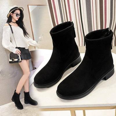 Fashion Korean Version Flat Bottom Short Tube Stretch Boots Rear Zipper Plus Cashmere British Style Short Boots Female College Style