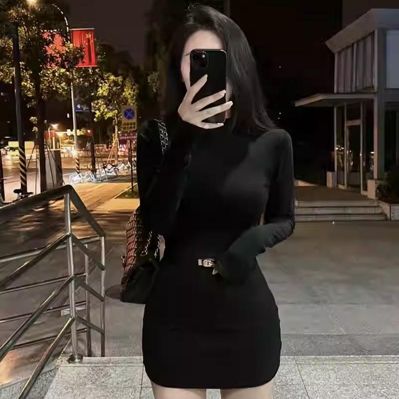 Black High Neck Long Sleeve Knit Bodycon Dress Women Slim Fit Short Mini Fall 2025