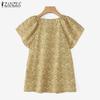 ZANZEA Women Summer Round Neck Ruffled Short Sleeve Floral Print Blouses