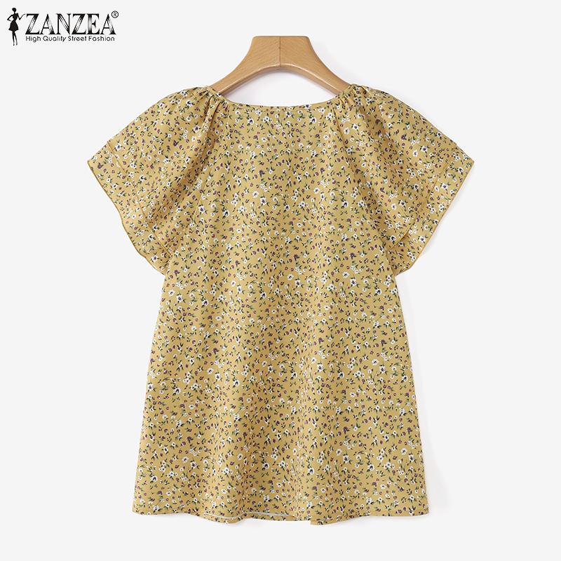 ZANZEA Women Summer Round Neck Ruffled Short Sleeve Floral Print Blouses