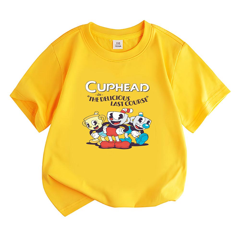 

2026 NEW Cuphead Cartoon Cotton T-shirt Boys Girls O-neck Clothing Tops Manga Print Short Sleeves Sports Casual Kids Tees Summer 160 жовтий