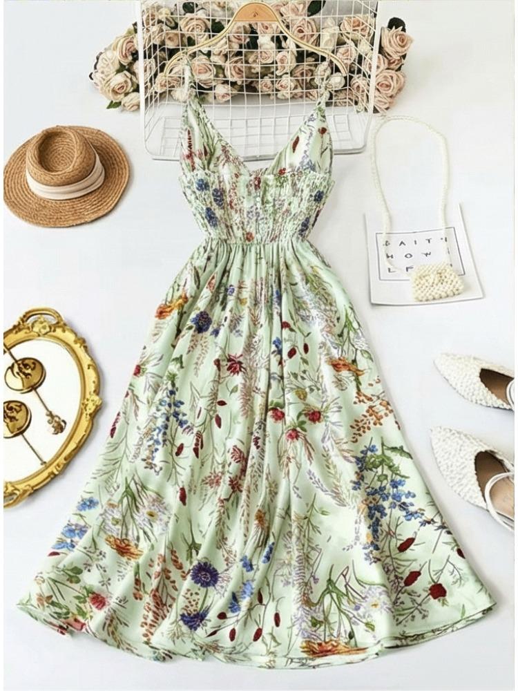 DamenMaxikleid mit Spaghettiträgern, Blumendruck und Bindekragen
