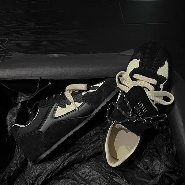 Cowhide Version~ Genuine Leather Horse Hair Miu Fengde Training Shoes Women's Thick-soled Round Head Lace-up Casual Sports Shoes Forrest Gump Board Sh