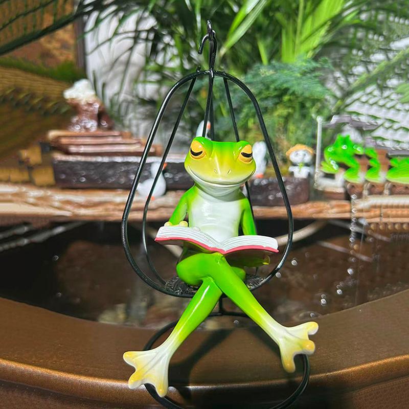 Resin Frog Sculpture Reading Frog Ornament Whimsical Hammock Chair Reading Frog Statue Cute Green Figurine For Indoor Outdoor