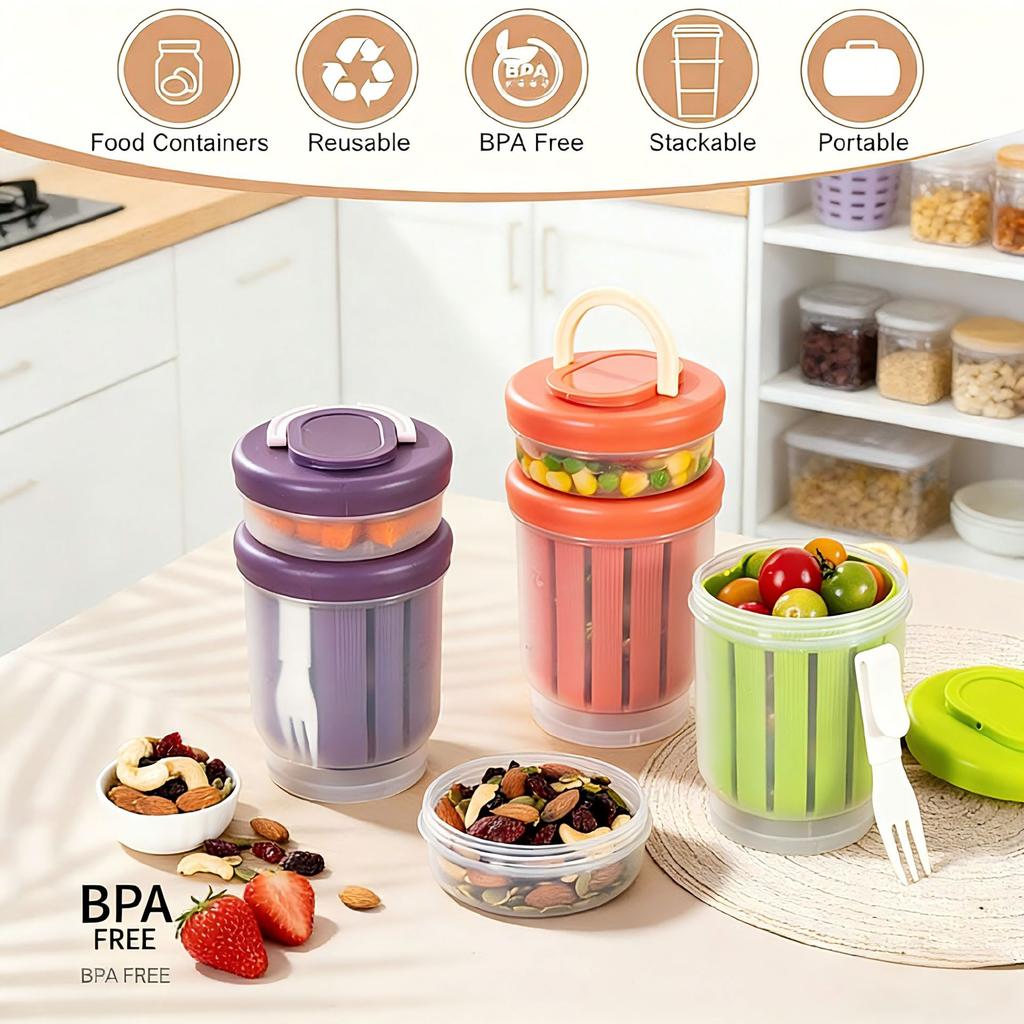 INS Round Plastic Salad Cup, Portable Double-layer with Fork, Multifunctional Breakfast Cup, Microwaveable, Takeaway Fruit Cup