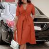 Women's Summer Short Sleeve Suit Collar Strap Solid Color Large Size African Dress