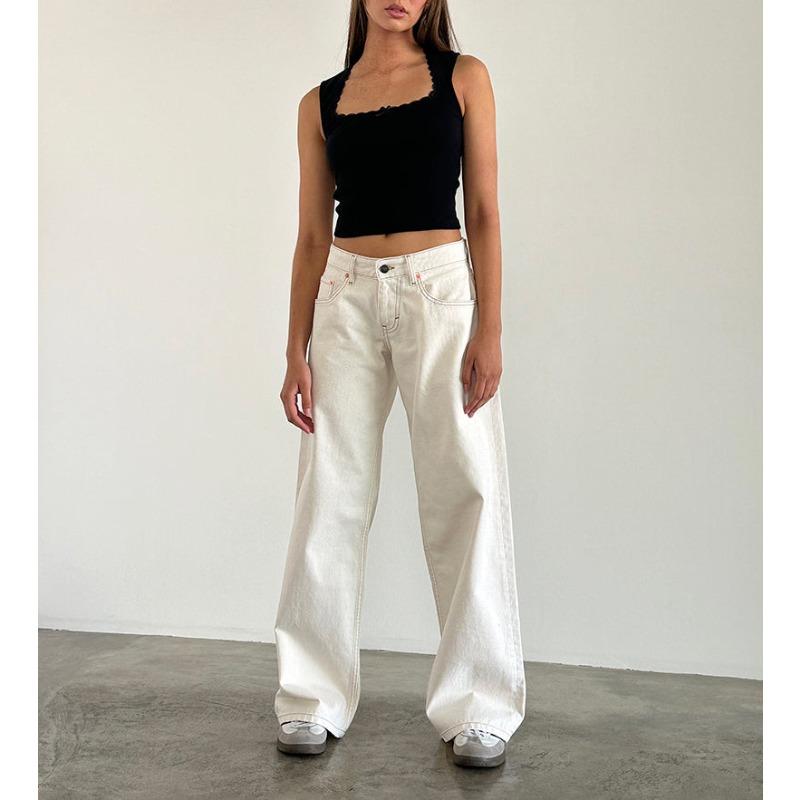 

American retro low-rise non-elastic washed straight jeans women s autumn new street wide-leg denim pants XL