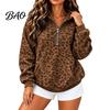 Relaxed Fit Pullover Top Women Leopard Print Hoodie, Oversized Half Zip Hooded Sweatshirt with Spring Autumn Kangaroo Pocket, Fall Long Sleeve Casual