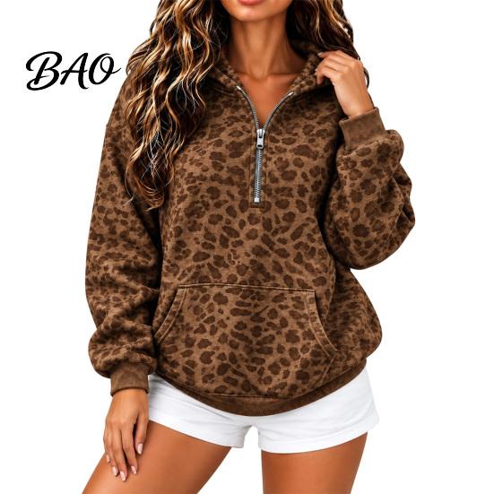 Relaxed Fit Pullover Top Women Leopard Print Hoodie, Oversized Half Zip Hooded Sweatshirt with Spring Autumn Kangaroo Pocket, Fall Long Sleeve Casual