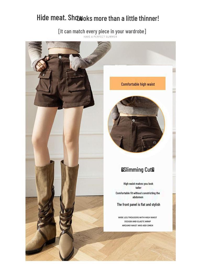 2026 Summer American Retro High Waist Wide Leg Cargo Denim Shorts for Women