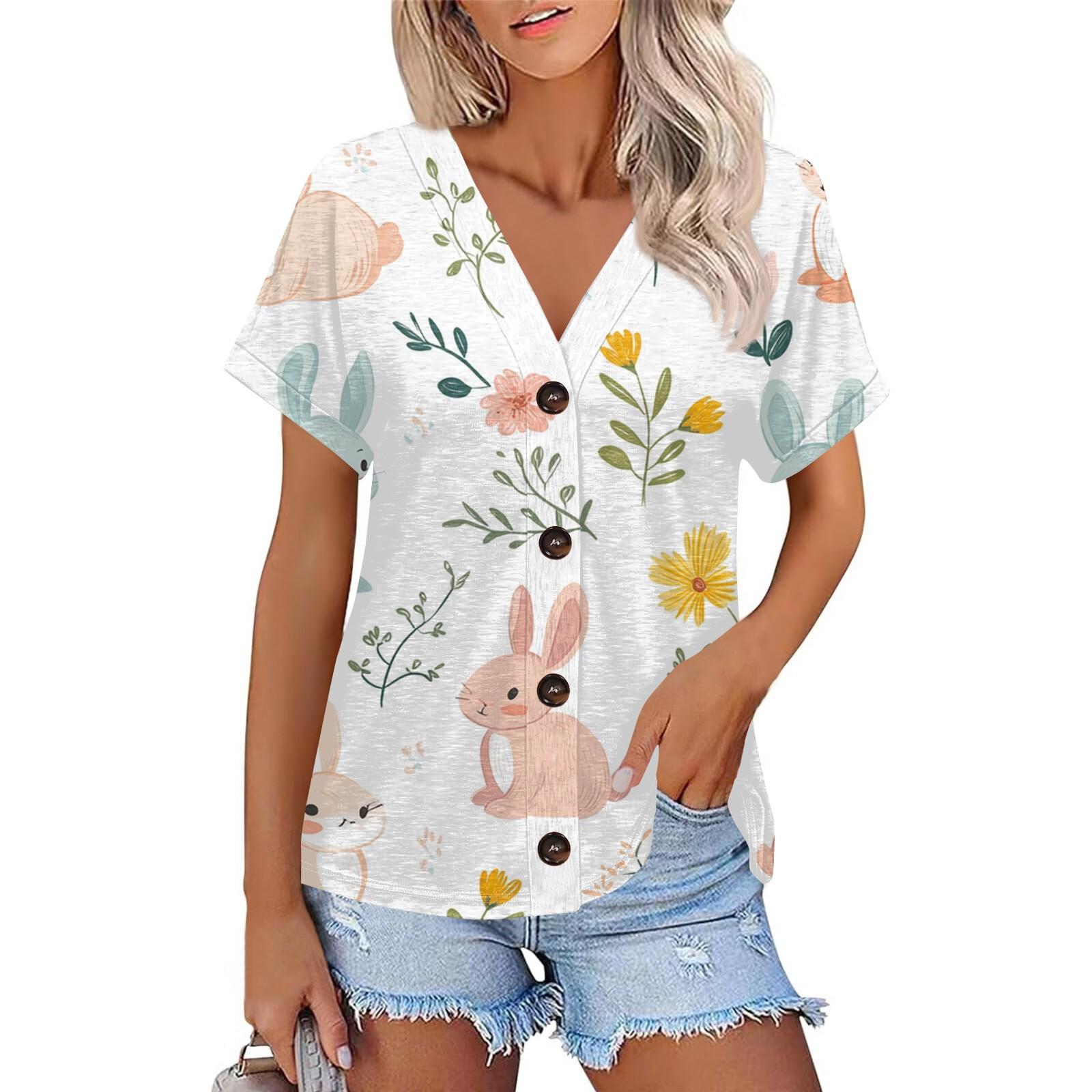 

Женская модная футболка с коротким рукавом и V-образным вырезом с пасхальным принтом, повседневная футболка на пуговицах XL белый