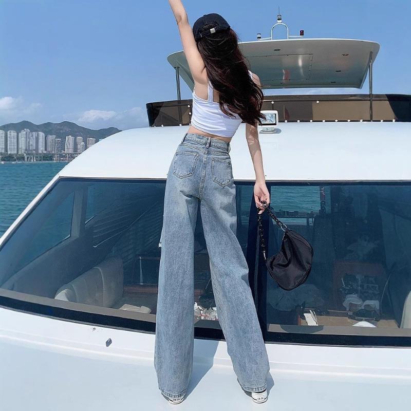 Ripped jeans women's autumn and winter new high-waisted thin straight drape small wide-leg pants tide