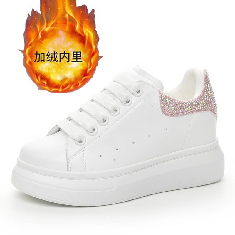 Leather Thick-soled Inner Height-increasing Women's Shoes Spring Versatile Sports and Leisure Single Shoes Round Head Student Rhinestones