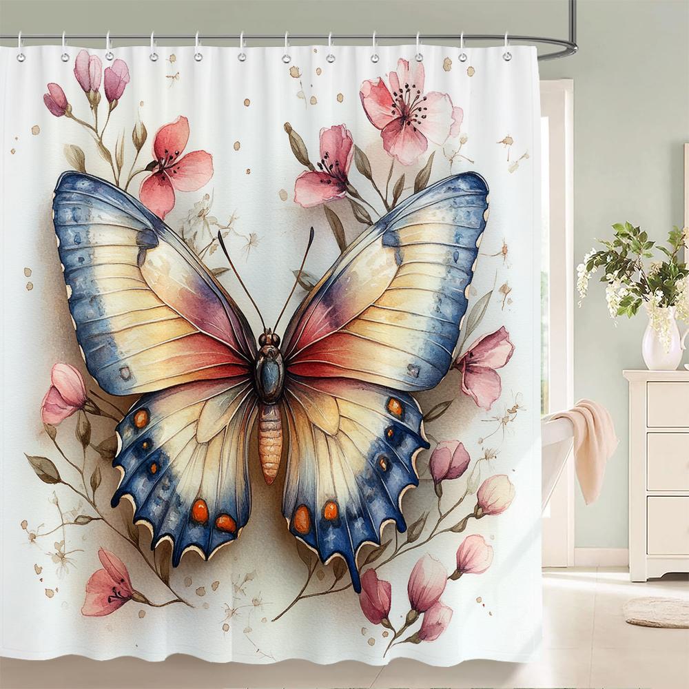Colorful Butterflies Shower Curtain For Bathroom Floral Romantic Plant And Flowers Decorative Shower Curtains With Hooks