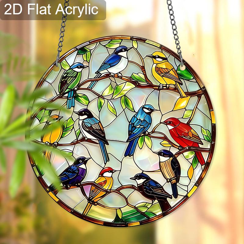 Acrylic Colorful Songbirds on Branches Suncatcher, Stained Glass Style Window Hanging Ornament for Bird and Nature Lovers