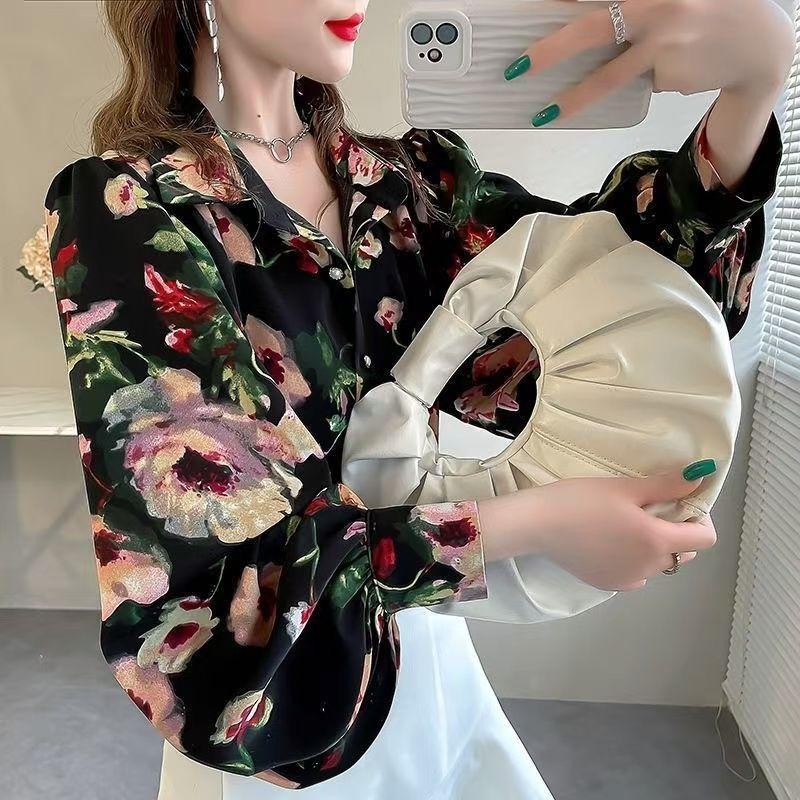 Retro Women's Printed Shirt Slim-fit Lantern Sleeve Floral Shirt Collared Chiffon Shirt Spring