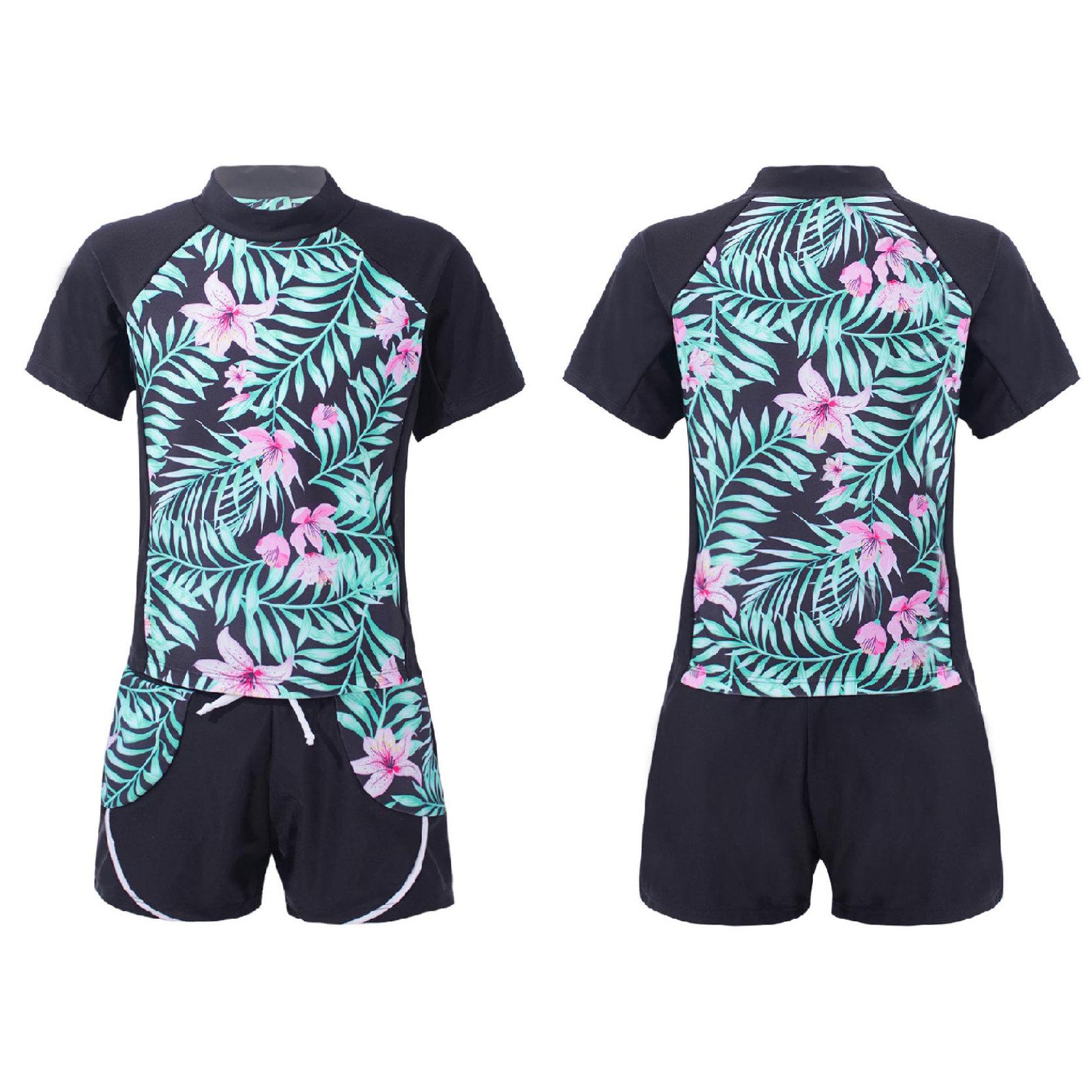 IEFiEL 2 stuks kindermeisjes zwempak ronde hals korte mouwen bloemenprint top en trekkoord shorts strand badmode badpakken 11-12 Years groen/zwart