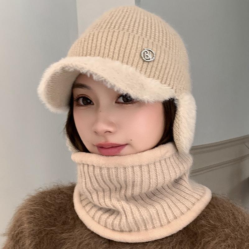 

Зимова жіноча шапка Корейська версія Тепла шапка для захисту шиї та вух Вулична вітрозахисна в язана шапка Шарф Набір з двох предметів