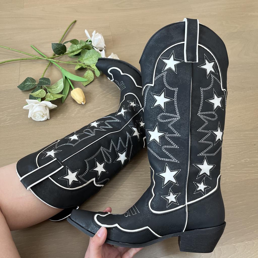 Fashion IPPEUM Western Cowboy Boots Star Leather Black 2024 New In Women Wide Calf Chunky Heel Girl Shoes Cowgirl Plus Size 43