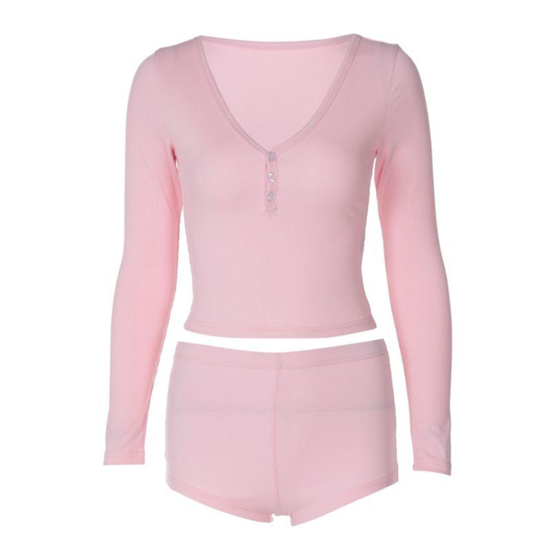Fashion Style Athleisure Two-piece Set Button Half-Open Collar Slim Long Sleeve Top Sexy Shorts Fashion Suit Female