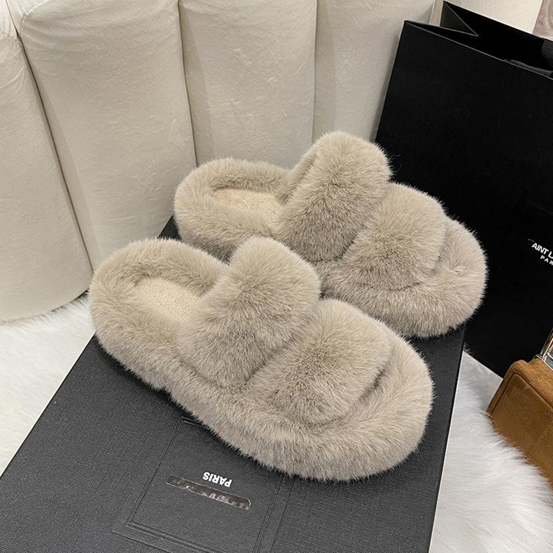 Thick bottom heightening one-word fluffy slippers women's outer wear ins home explosion non-slip versatile autumn and winter cotton slippers